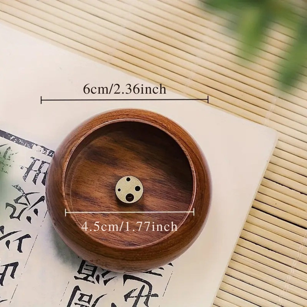Round Solid Wood Incense Stick Holder with Brass Insert