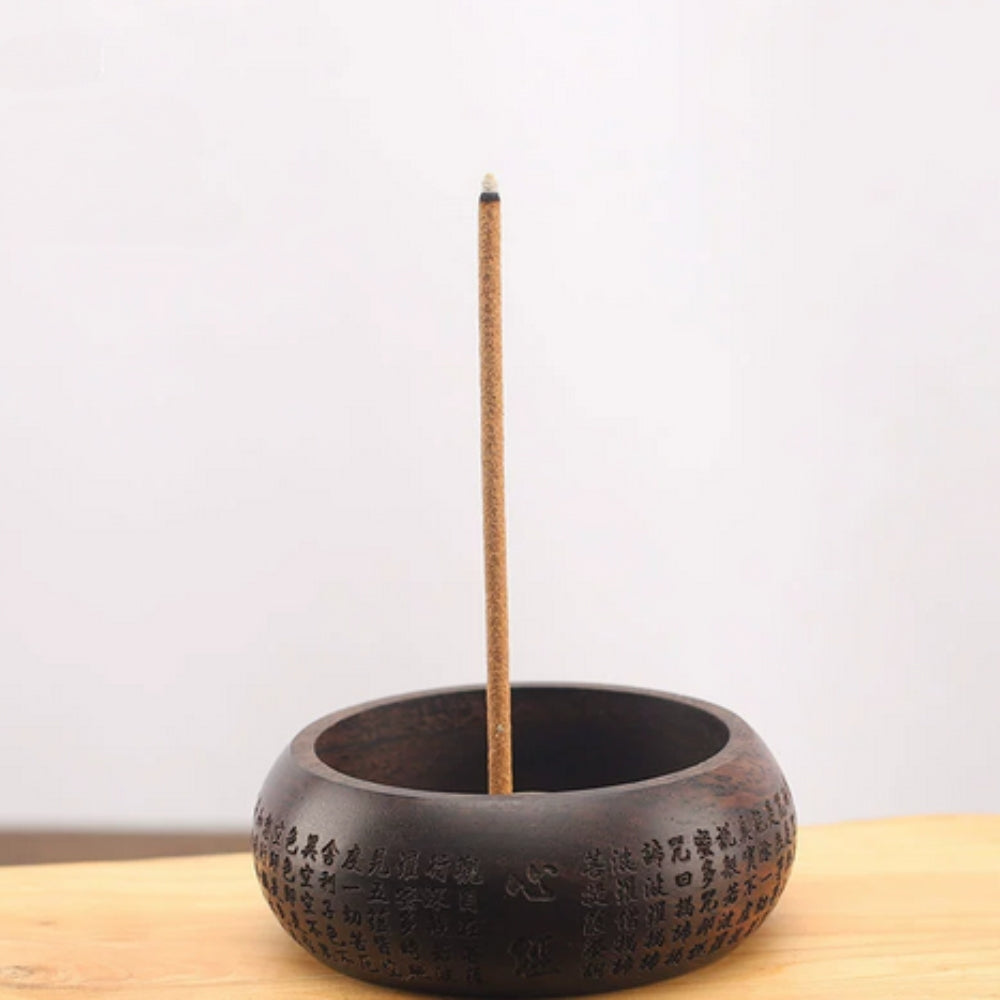 Round Solid Wood Incense Stick Holder with Brass Insert