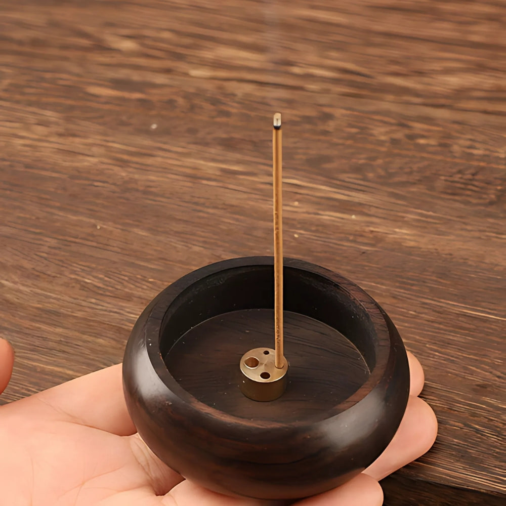Round Solid Wood Incense Stick Holder with Brass Insert