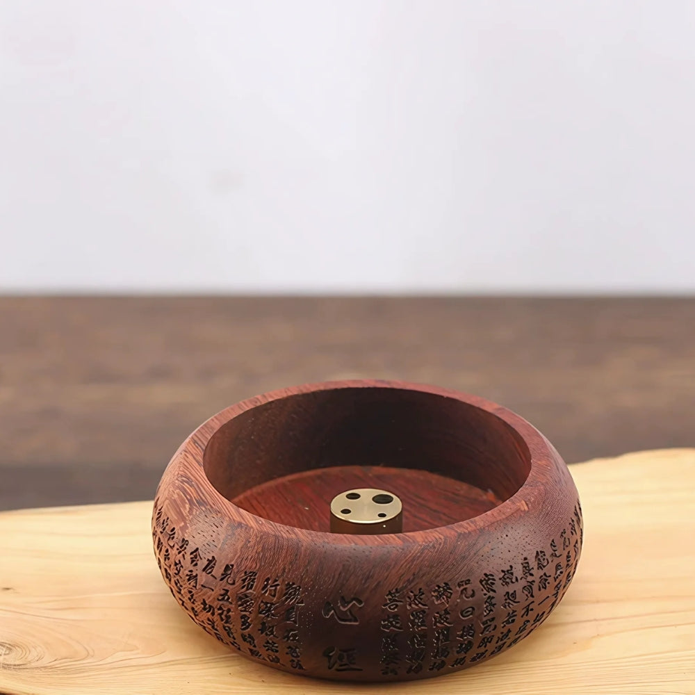 Round Solid Wood Incense Stick Holder with Brass Insert