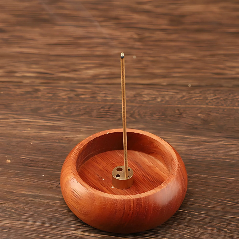 Round Solid Wood Incense Stick Holder with Brass Insert