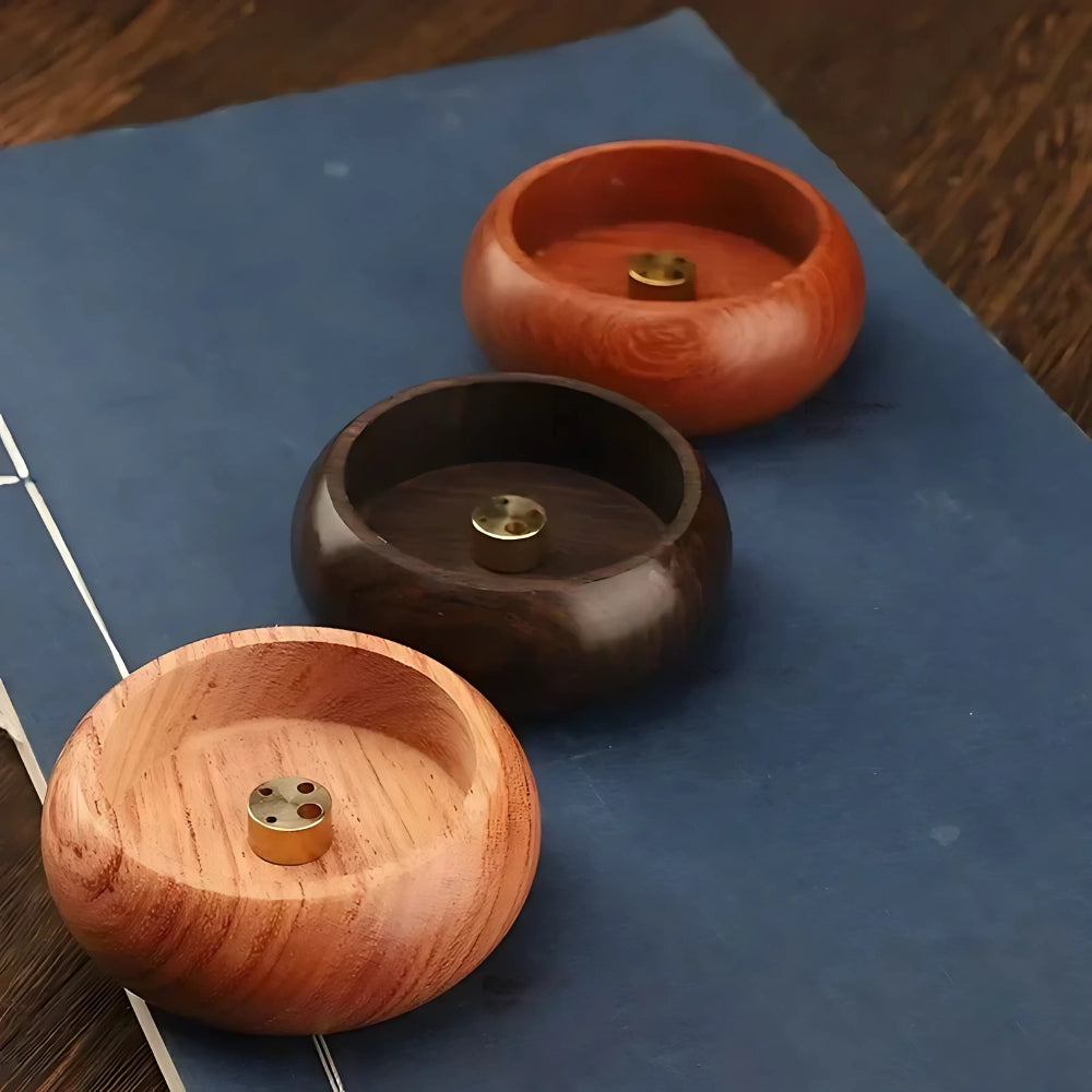 Round Solid Wood Incense Stick Holder with Brass Insert