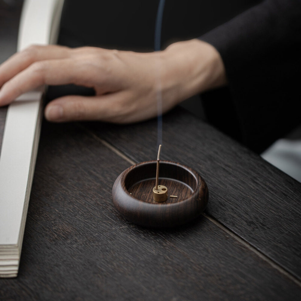 Round Solid Wood Incense Stick Holder with Brass Insert