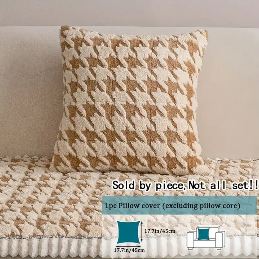 Plush Houndstooth Sofa Cover with Cushion Cover