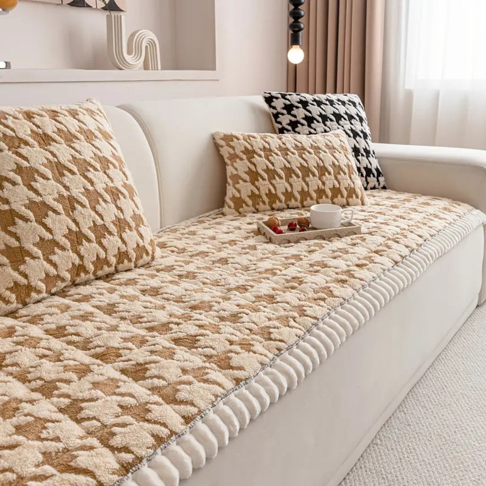 Plush Houndstooth Sofa Cover with Cushion Cover