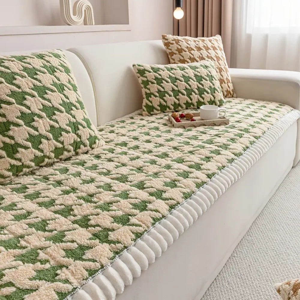 Plush Houndstooth Sofa Cover with Cushion Cover