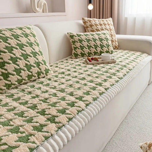 Plush Houndstooth Sofa Cover with Ruffle Trim