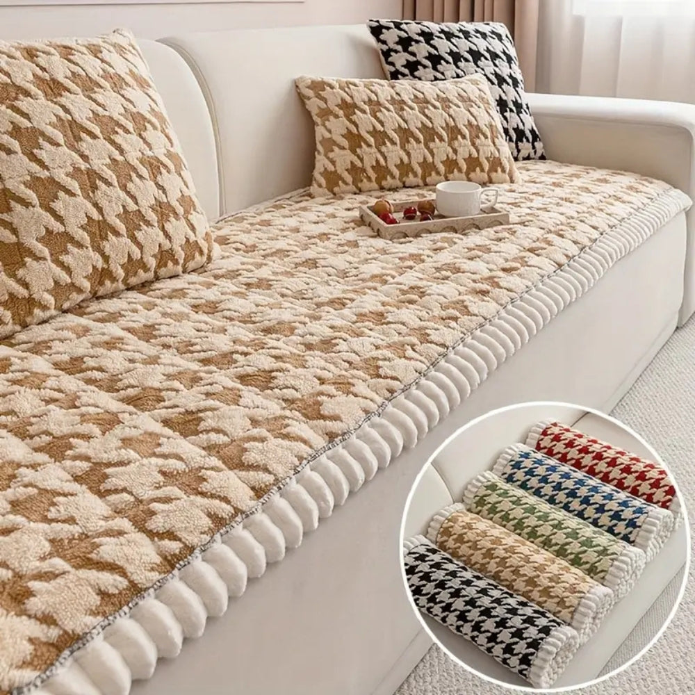 Plush Houndstooth Sofa Cover with Cushion Cover