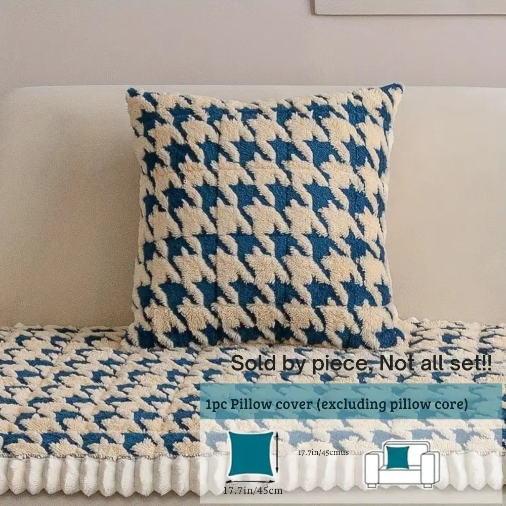Plush Houndstooth Sofa Cover with Cushion Cover