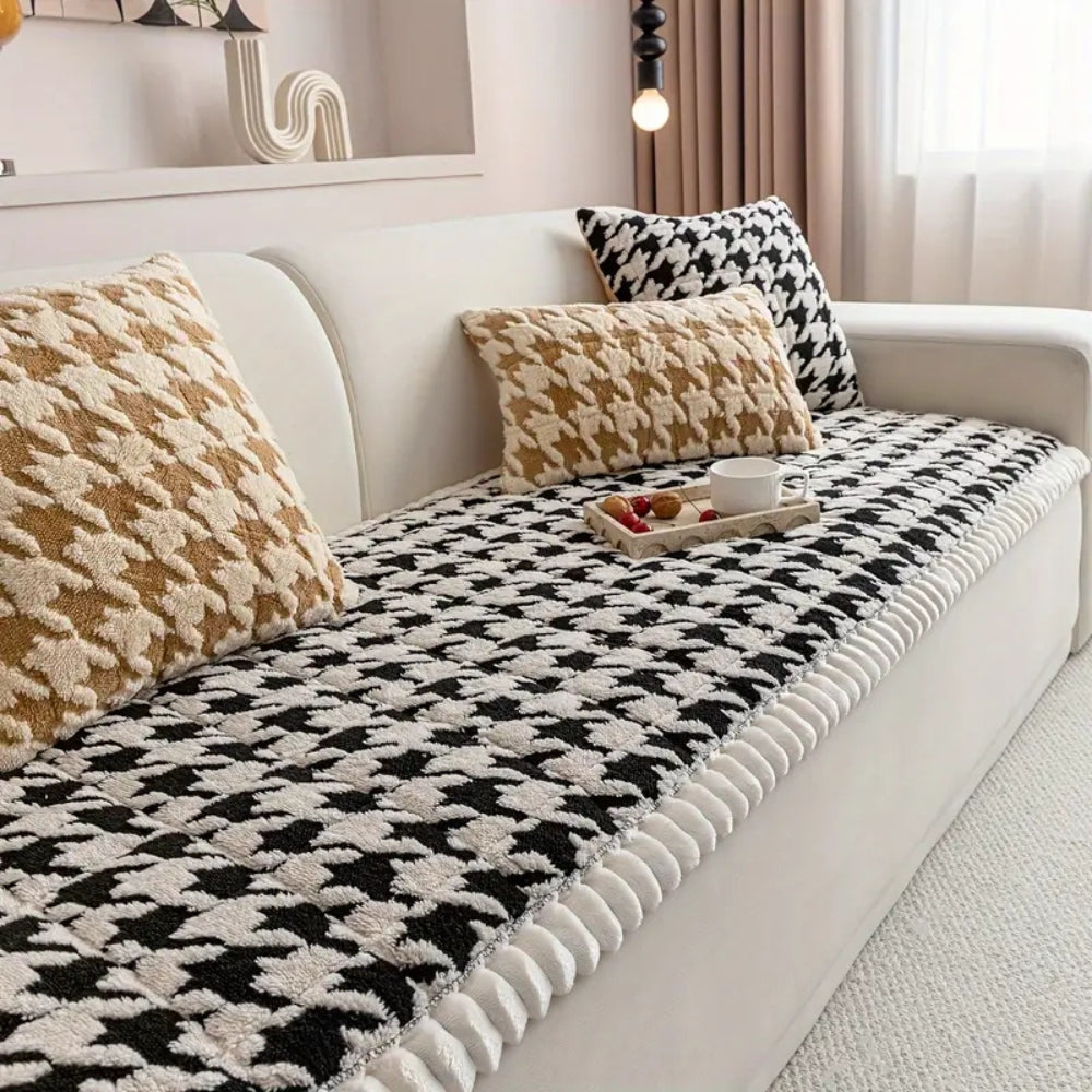 Plush Houndstooth Sofa Cover with Ruffle Trim