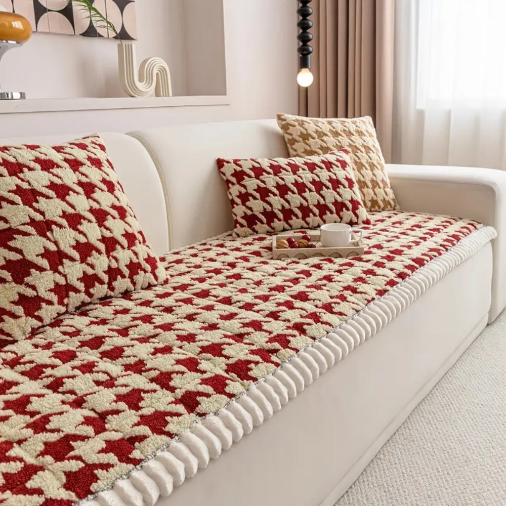 Plush Houndstooth Sofa Cover with Cushion Cover