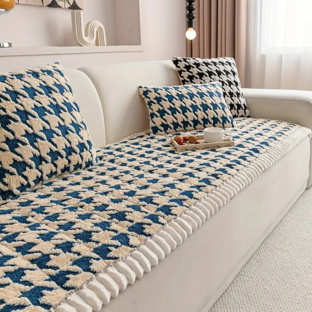 Plush Houndstooth Sofa Cover with Ruffle Trim