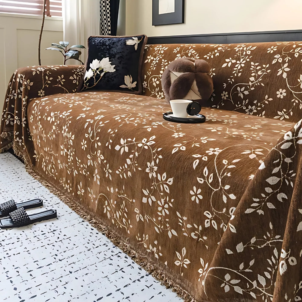 Ivory Floral Microfiber Sofa Cover with Tassel Trim