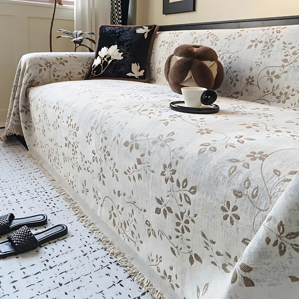 Ivory Floral Microfiber Sofa Cover with Tassel Edges