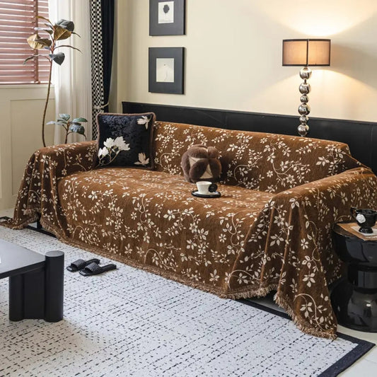 Ivory Floral Microfiber Sofa Cover with Tassel Trim