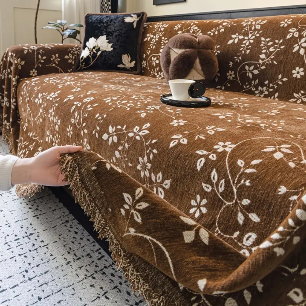 Ivory Floral Microfiber Sofa Cover with Tassel Edges