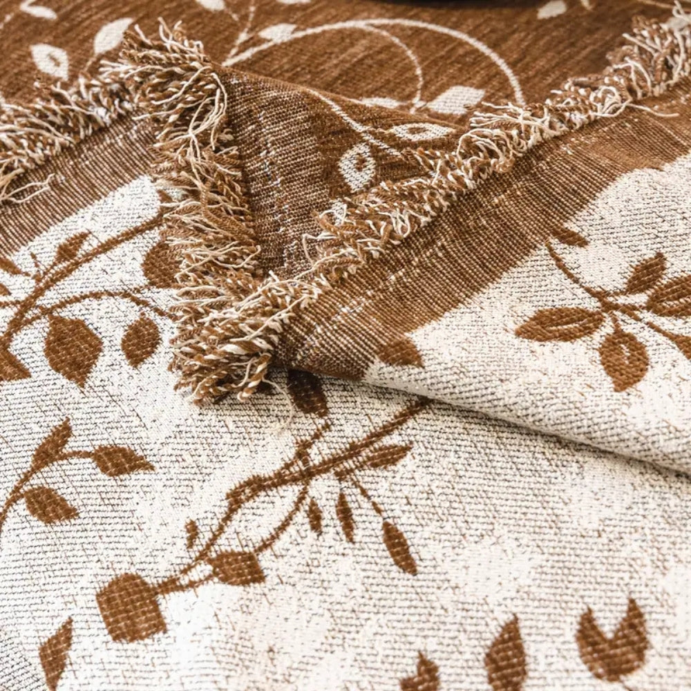 Ivory Floral Microfiber Sofa Cover with Tassel Edges