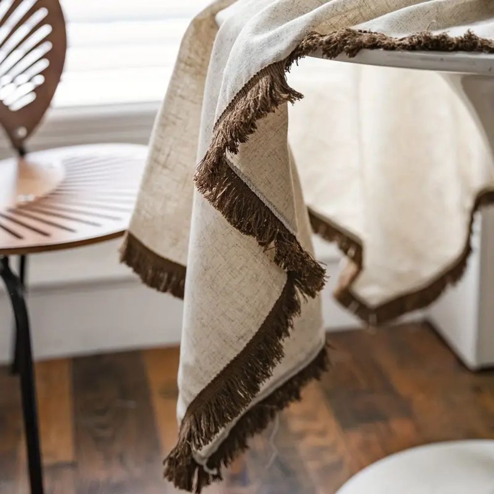Khaki Linen Tassel Tablecloth