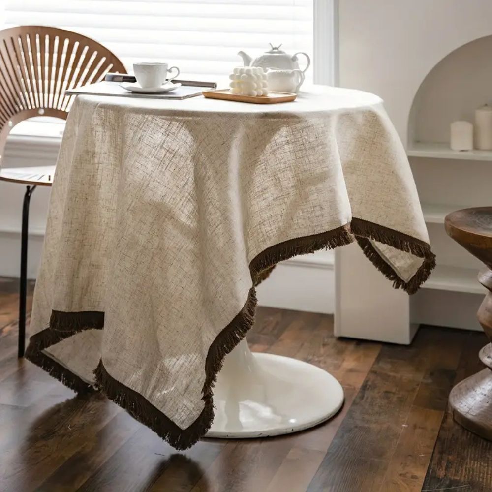 Khaki Linen Tassel Tablecloth