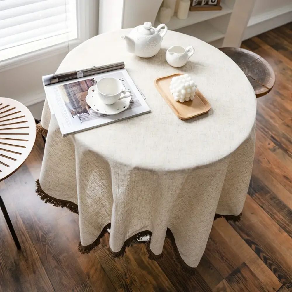 Khaki Linen Tassel Tablecloth