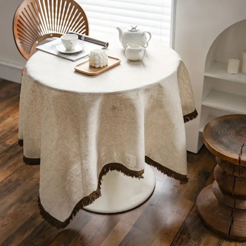 Khaki Linen Tassel Tablecloth