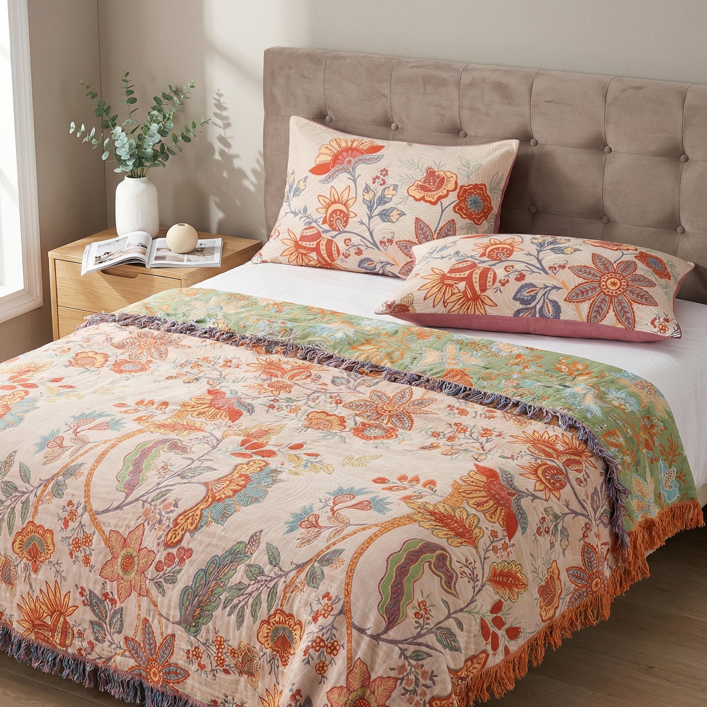 Rustic Floral Boho Cotton Pillowcases - 2 Piece Set