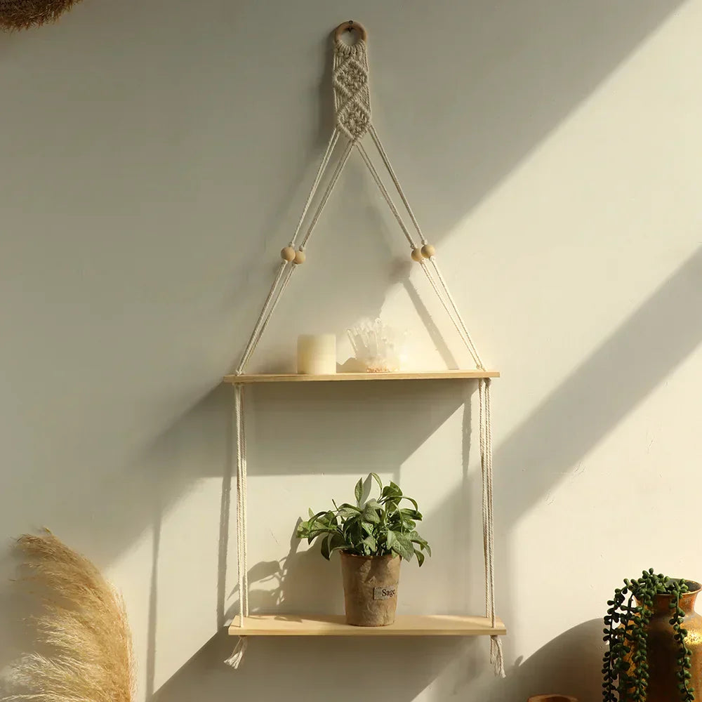 Wooden Macrame Floating Wall Shelf - Boho Rustic Home Decor