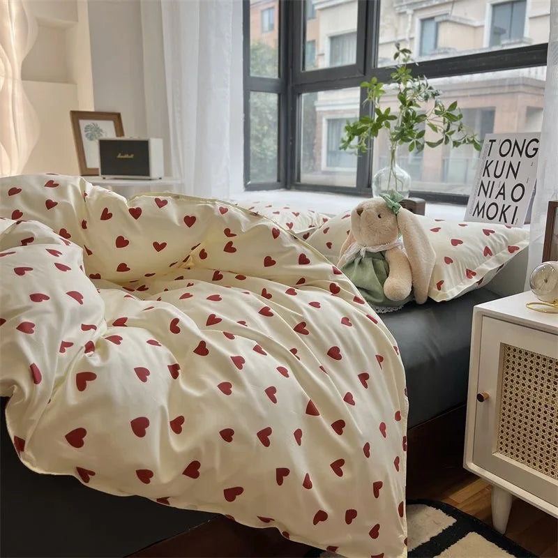 Cozy Love Heart Duvet Cover Set - Soft Korean-Style Bedding in Twin, Full, Queen