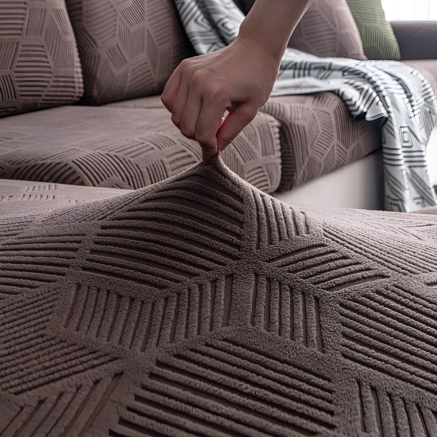Geometric Jacquard Sofa Cover - Soft, Pet-Friendly, 360° Protection