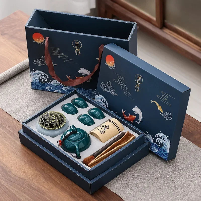 Traditional Ceramic Tea Set with Teapot, Cups, and Incense Holder