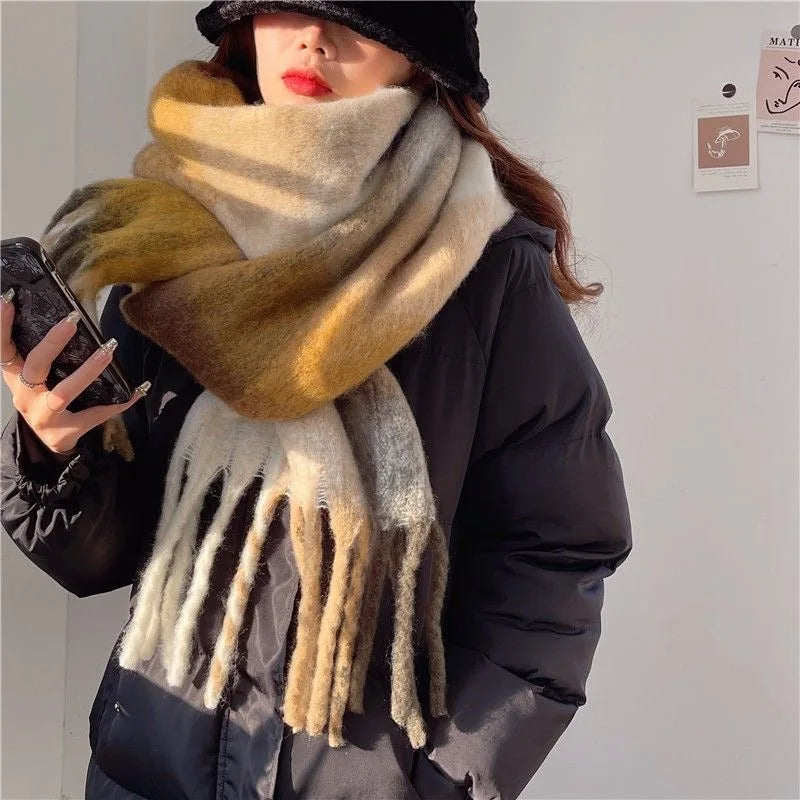 Large Soft Plaid Wool Blend Winter Scarf with Fringed Edges