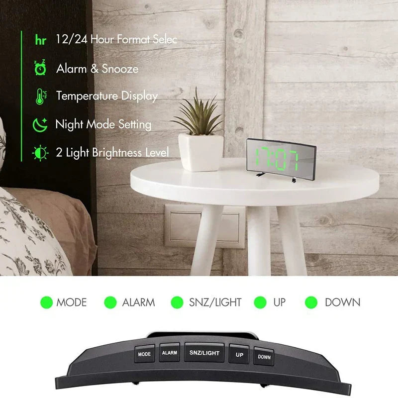 Curved LED Digital Alarm Clock with Snooze and Mirror Finish