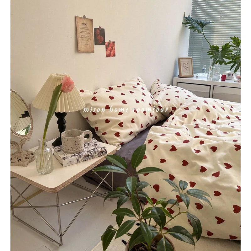 Soft Korean-Style Heart Duvet Cover Set in Twin, Full & Queen Sizes