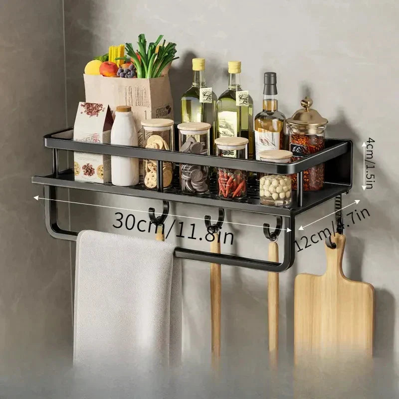 Sleek Black Aluminum Wall Shelf for Kitchen Organization