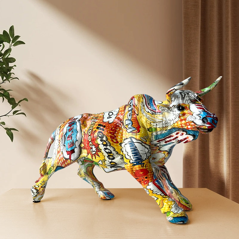 Graffiti Bull Figure Statue - Colorful Desk Ornament for Home and Office