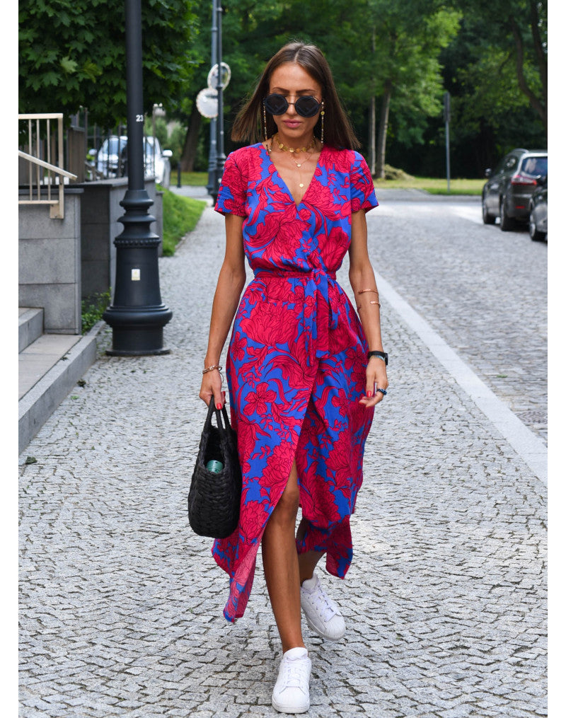 Light Floral Summer Midi Dress with Belt and Slit