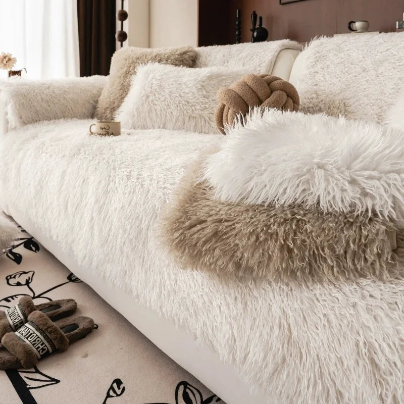 Stretchable Faux Lambswool Sofa Cover with Pet Protection and Machine Washable Fabric
