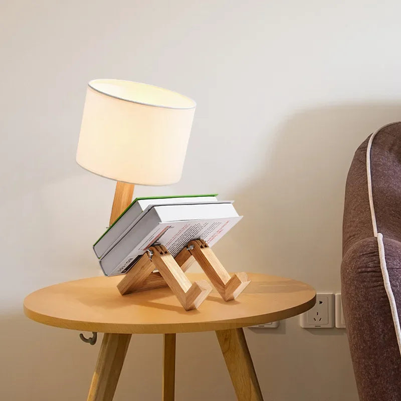 Wooden Table Lamp with Book Storage and Adjustable Design