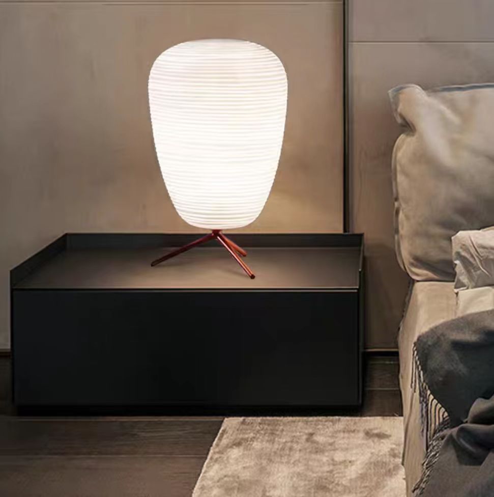 Japanese-Inspired Glass Table Lamp with Metal Base