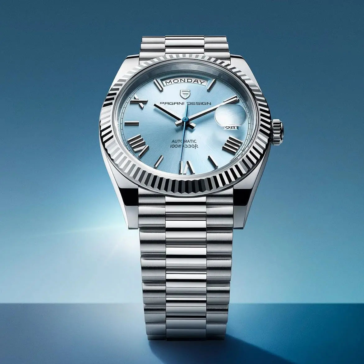 Men's Stainless Steel Automatic Watch with Calendar and Luminous Hands