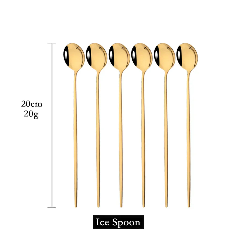 Golden Stainless Steel Long Handle Spoon Set for 6