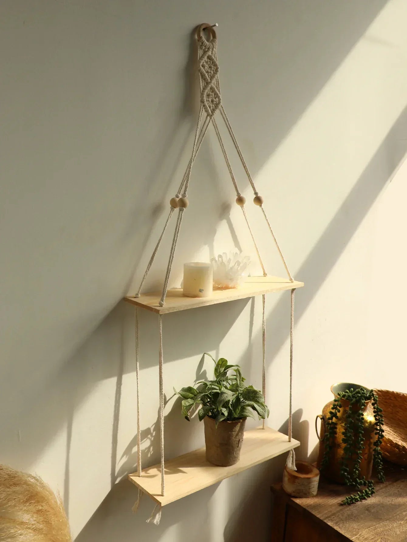 Wooden Macrame Floating Wall Shelf - Boho Rustic Home Decor
