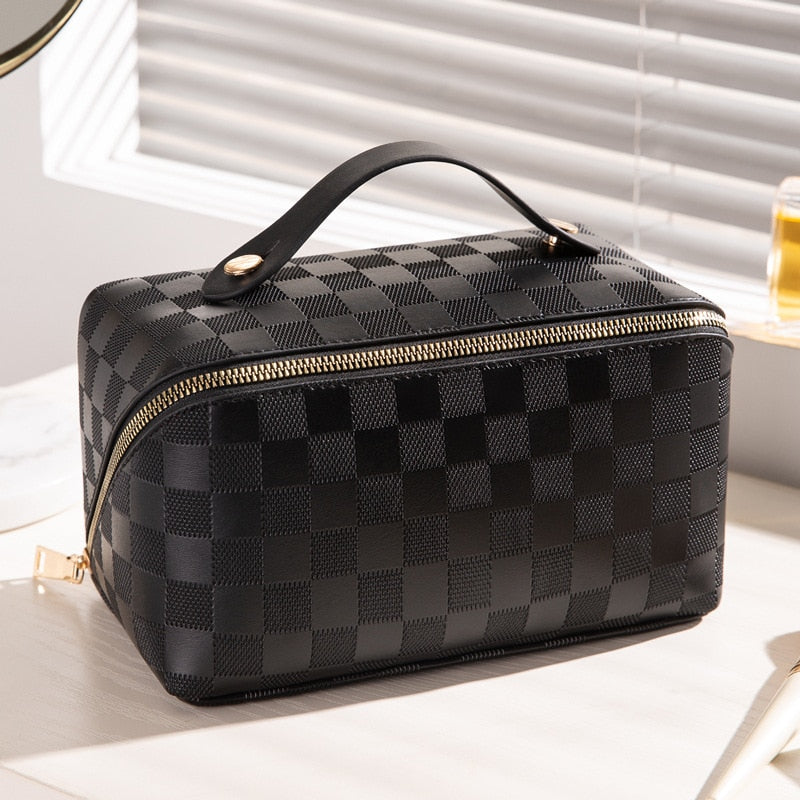 Luxury Checkered PU Leather Cosmetic Bag