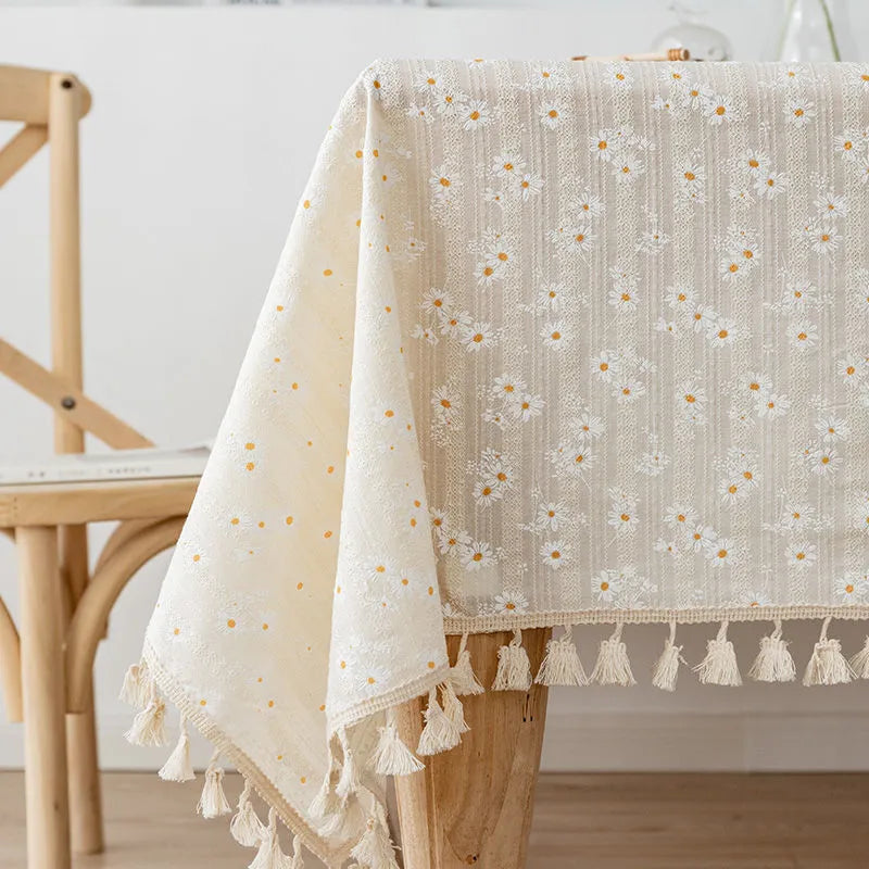 Cream Cotton Tablecloth with Embroidered Daisies and Fringes