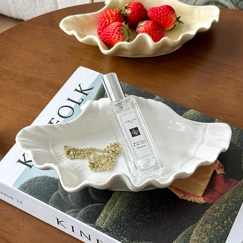 Cream Ceramic Shell Plate for Jewelry and Decor