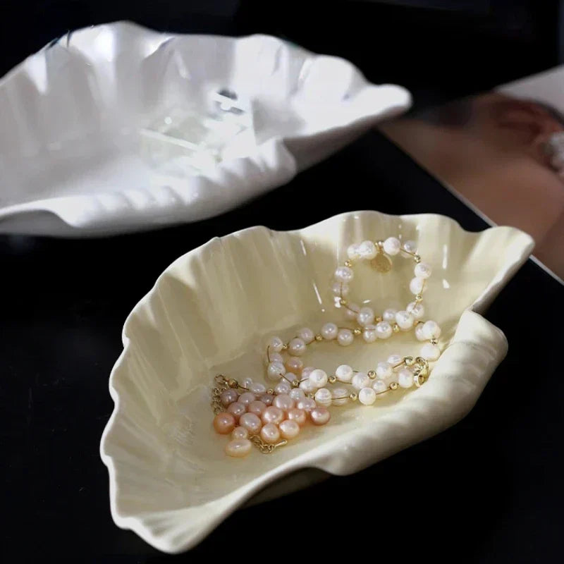 Cream Ceramic Shell Plate for Jewelry and Decor