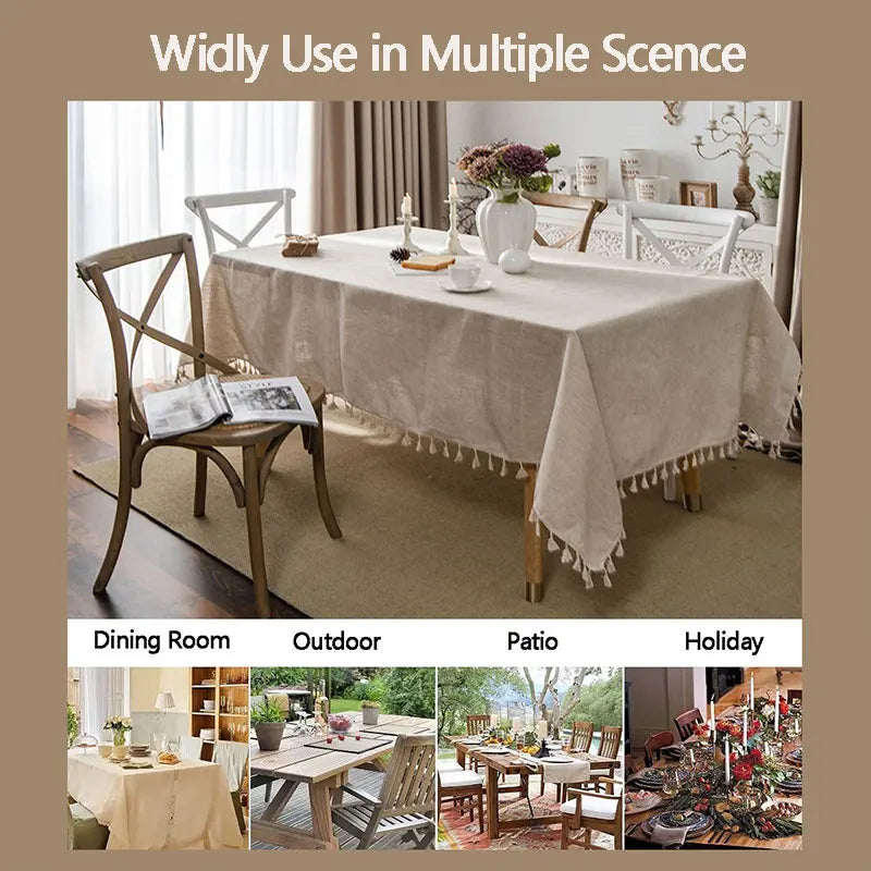 Cotton-Linen Rectangular Tablecloth with Fringes for Weddings and Easter Decorations