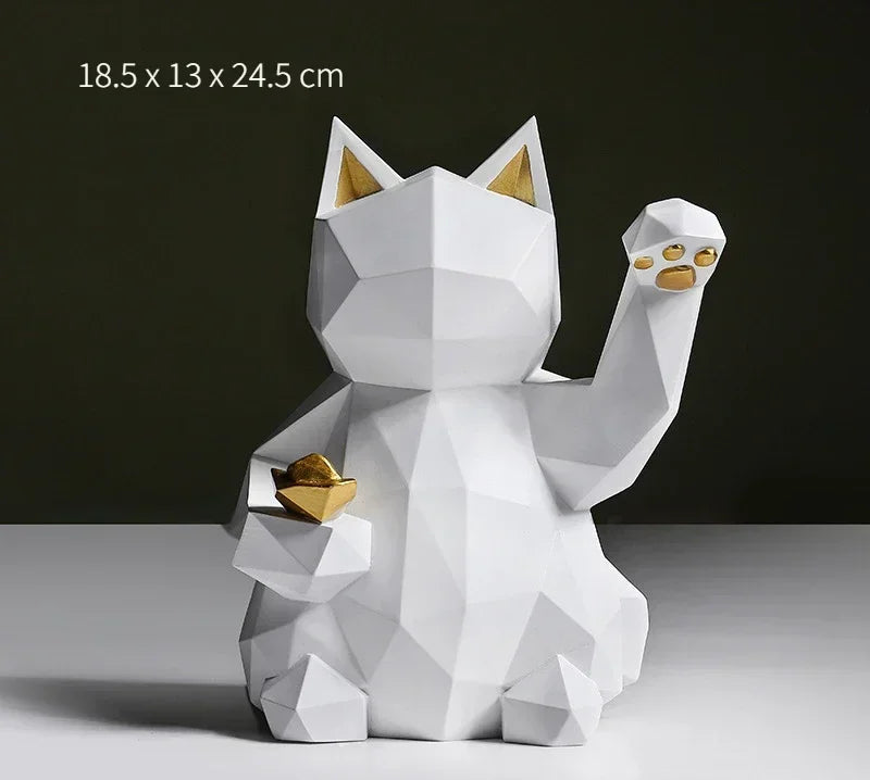 Geometric Lucky Cat Figurines in Red and White Resin