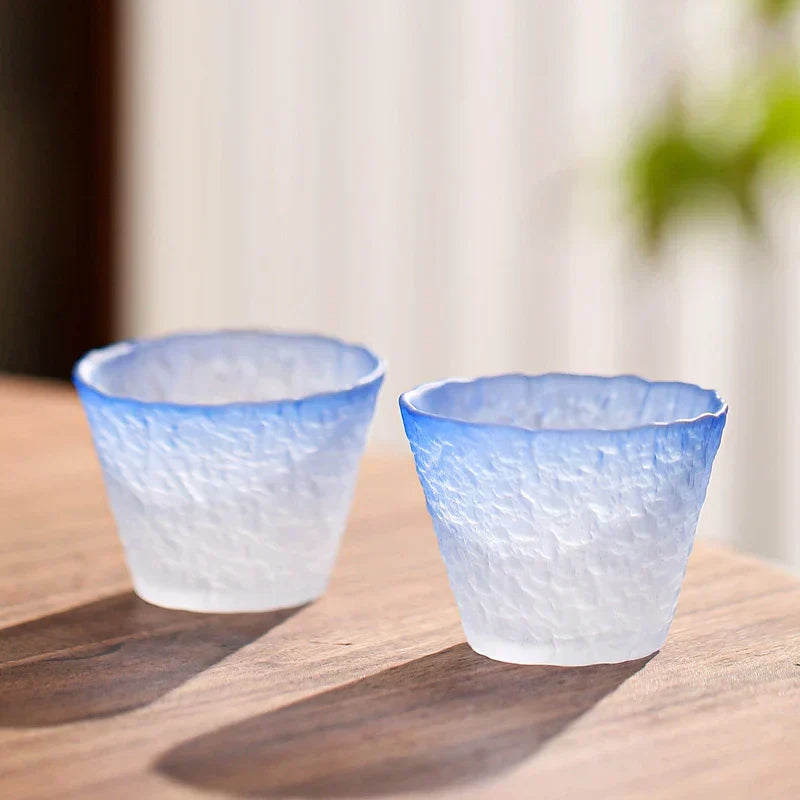 Ombre Blue Glass Sake Set with Carafe, Cups, and Tray