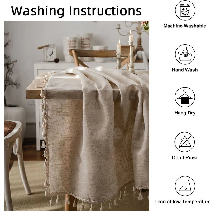 Cotton-Linen Rectangular Tablecloth with Fringes for Weddings and Easter Decor